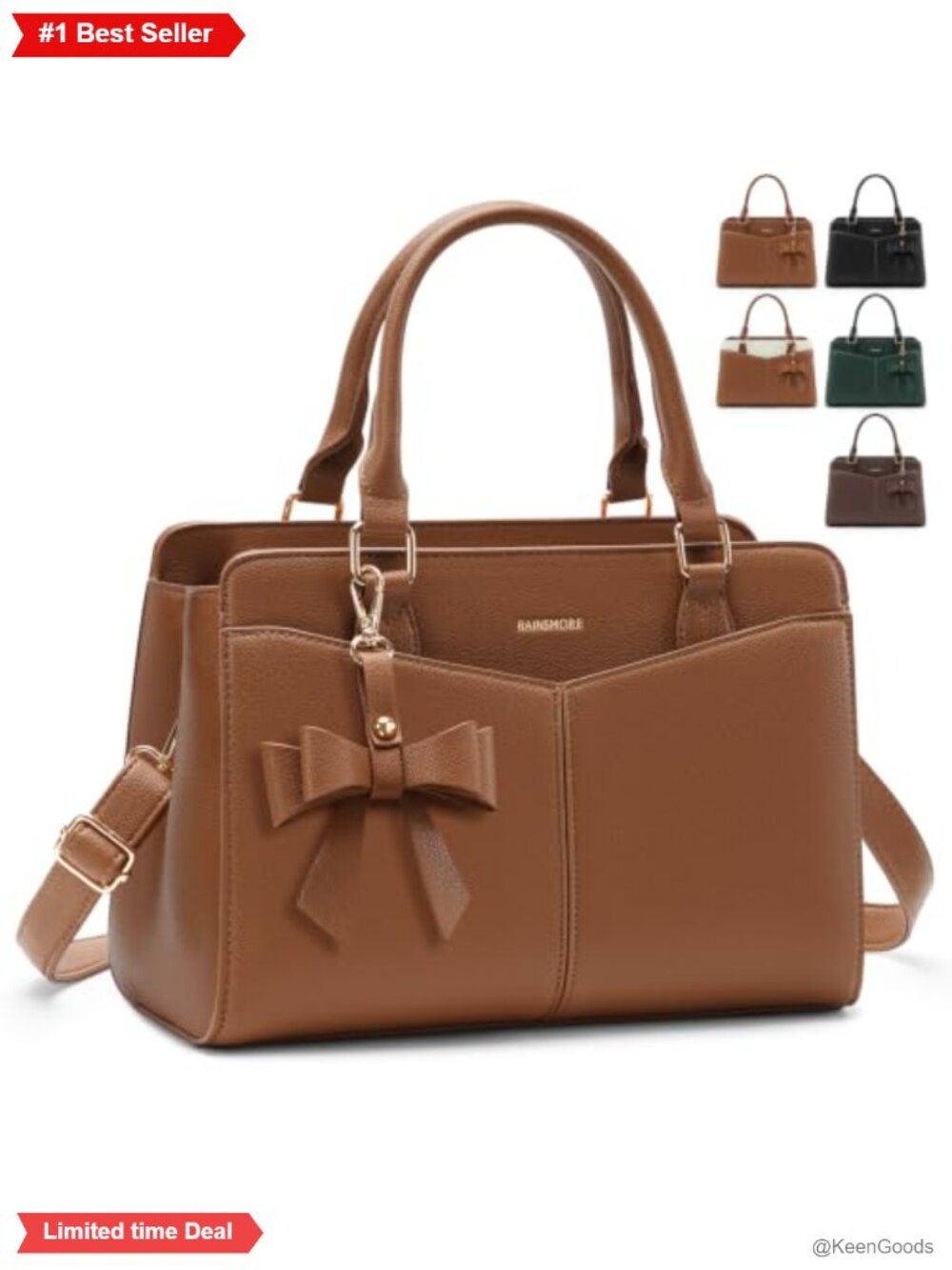 RAINSMORE PU Leather Structured Satchel Work Handbag Bowknot & Strap Fits 11"
